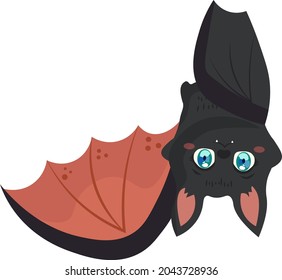 The bat hangs upside down  gray funny creature cartoon character vector illustration  Amusing  cheerful  benevolent bat  Cheerful bat  For halloween 