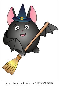 Bat in a hat flies on a broomstick - vector full color illustration. A cute fat bat in a magic hat flies up on a broomstick - a funny childish illustration.