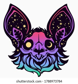 bat head in a bright multicolored palette with cosmic motifs