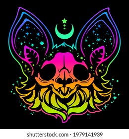 bat head in a bright multicolored palette with cosmic motifs