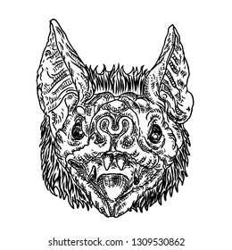 Bat head or face drawing. Gothic illustration of monsters for the Halloween. Witchcraft magic, occult attributes decorative elements. Drawing of night creatures. 