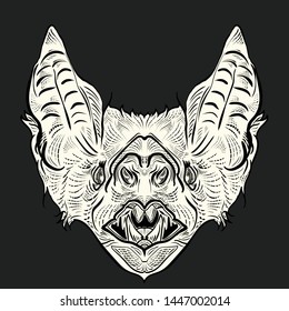 Bat head or face drawing. Gothic illustration of monsters for the Halloween