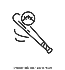 The bat hits the baseball, linear icon. Editable stroke