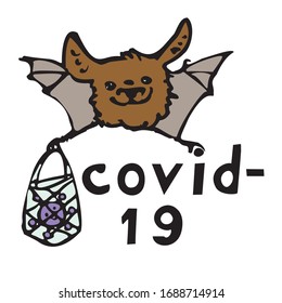 Bat holds bag with coronavirus (covid-19) Vector illustration in vintage style. Black outline. Isolated on a white background.