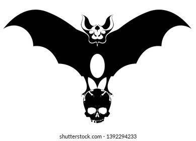 Bat holds a scull in the claws isolated illustration. Flying bat holds a scull in the claws black on white illustration
