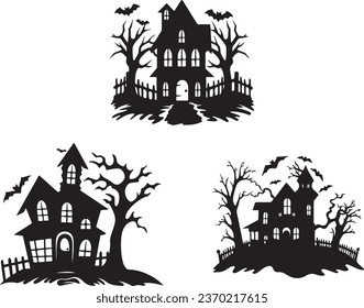 Bat House Logo for Halloween: A Silhouette Vector of Haunted Houses, Scary House Bundle Set at Night