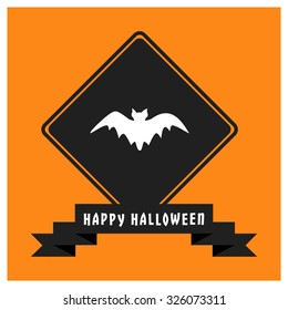 Bat icon. Black Happy Halloween Ribbon Banner on Orange background. Vector illustration