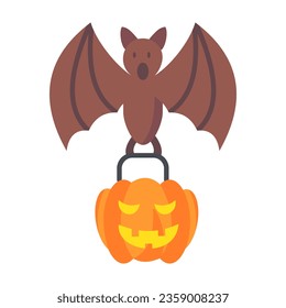 bat icon carrying pumpkin bag filled and halloween candies vector halloween isolate white background 
