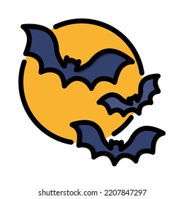 Bat icon. Filled outline design. Flying bats over full moon background. Holiday event halloween. Vector Illustration.