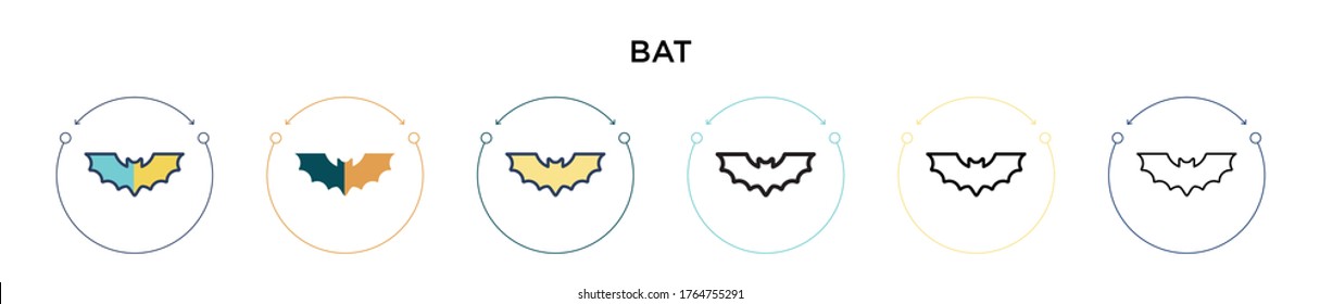 Icono de murciélago en estilo relleno, delgado, contorno y trazo. Ilustración vectorial de dos iconos vectoriales de murciélago de color y negro se puede utilizar para móviles, ui, web