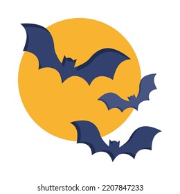 Bat icon  Flat design  Flying bats over full moon background  Holiday event halloween  Vector Illustration 