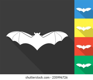 bat icon - gray and colored (blue, yellow, red, green) vector illustration with long shadow