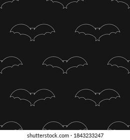Bat icon on black background. Symbol of Halloween. Seamless pattern bats contour silhouette. Art line