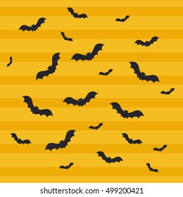 Bat icon on orange background. Symbol of Halloween. A flock isolated go up silhouette. Seamless pattern for booklet, banner, website. Vector illustration.