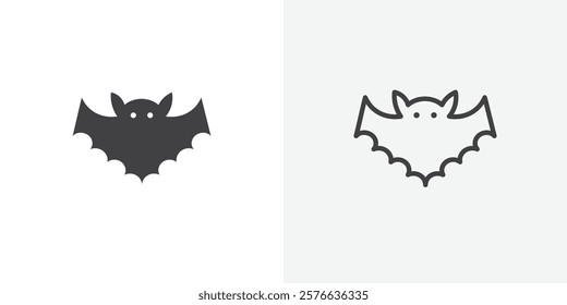 Bat icon set in black flat solid and outlined style.