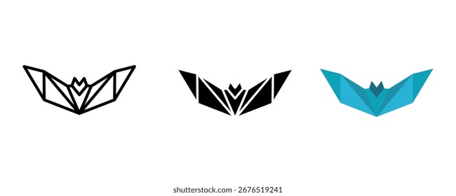 Bat icon set. A collection of three minimalist bat illustrations in line, solid black, and blue color schemes, ideas for Halloween, nature, and logo design projects.