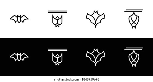 Bat icon set. Flat design icon collection isolated on black and white background. Flying and sleeping bat.