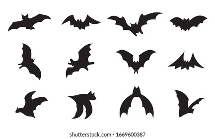 Bat icon set isolated on white background. Black bats silhouettes 