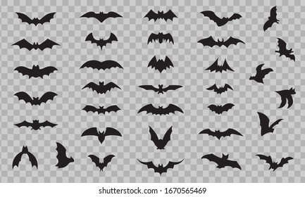 Bat icon set isolated on transparent background. Black bats silhouettes 