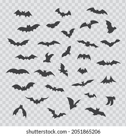Bat icon set isolated on transparent background. Black bats silhouettes