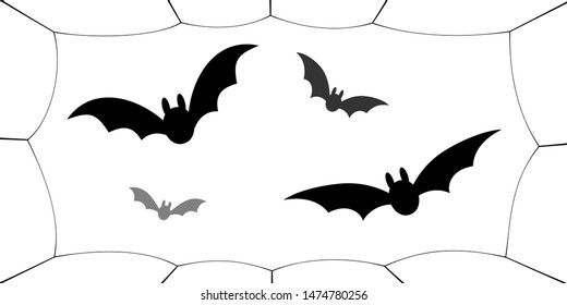 Bat icons set. Bat wings, black web silhouette isolated white background. Symbol Halloween holiday, mystery cartoon dark vampire, night flyin element. Spooky scary flat design Vector illustration