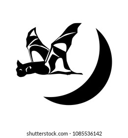 Bat, illustration of wildlife, zoo, symbol of Halloween, horror at night.  Vector fashion design print for summer t shirt with bat and moon in black. Vector illustration 
EPS10.