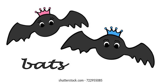 Bat king and bat queen. Hand drawn cute illustration vector.