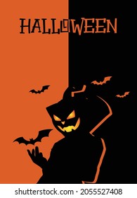 Bat knight on orange and black background. Halloween illustration