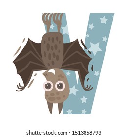 Bat and letter V. Vector illustration on a white background.