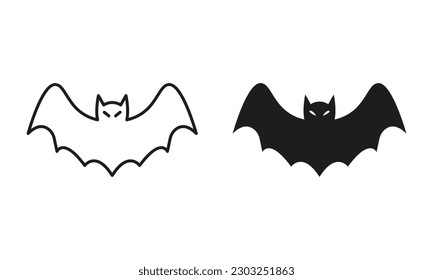 Bat Line and Silhouette Black Icon Set. Cute Halloween Spooky Fly Vampire with Wings at Night Pictogram. Scary Evil, Dark Bat Symbol Collection on White Background. Isolated Vector Illustration.