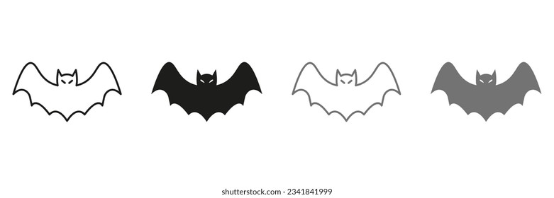 Bat Line and Silhouette Icon Set. Scary Evil, Dark Bat Black and Color Symbol Collection. Cute Halloween Spooky Fly Vampire with Wings at Night Pictogram. Isolated Vector Illustration.