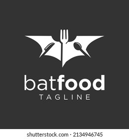 Bat Logo with cutlery Isolated On black Background Vector Illustration for food and restaurant
