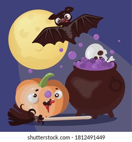 BAT MAGIC Mystic Holiday Halloween Animal Cartoon Hand Drawn Flat Design Vector Illustration Set For Print