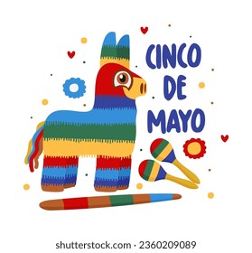 Piñata with bat and maracas. Cinco de Mayo. Mexican holiday, May, 5. Vector isolated illustration.