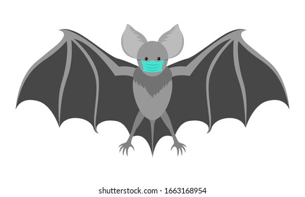 Bat with a medical mask. Flittermouse considered to be eventual cause of coronavirus COVID-19 infection. Isolated vector illustration in flat style.