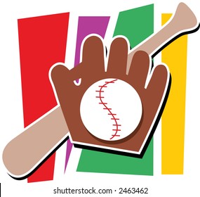 Bat, mitt and baseball on a multicolored background