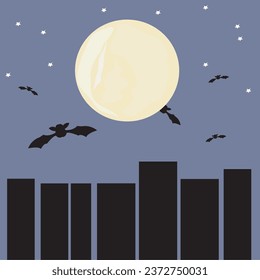bat with moon building city dark blue halloween vector illustration plain horror haunted background with adobe illustrator