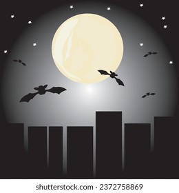 bat with moon building city dark black white halloween vector illustration plain horror haunted background with adobe illustrator