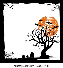 bat, moon, and Dead trees. Spooky Halloween card. background Flat design. Vector illustration