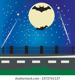 bat with moon high road with bat bird fence dark blue halloween vector illustration plain horror haunted background with adobe illustrator