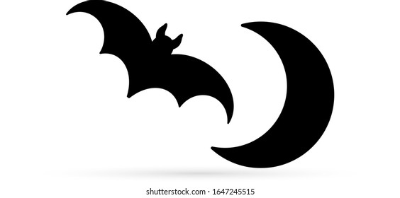Bat with moon icon isolated on white. Cartoon art. Halloween symbol. Vector stock illustration