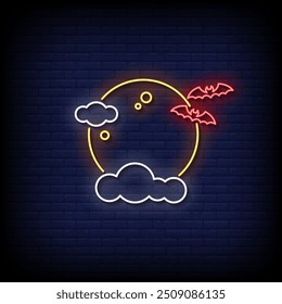 bat and moon neon sign vector with brick wall background 