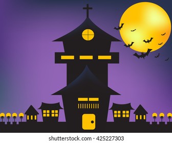 bat and moon in the night .castle on purple background.