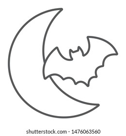 Bat and moon thin line icon, halloween and horror, night sign, vector graphics, a linear pattern on a white background, eps 10.
