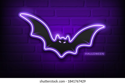 Bat neon light purple, happy halloween concept design,on block wall black background, Eps 10 vector illustration