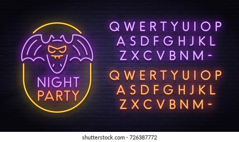 Bat neon sign, bright signboard, light banner. Halloween party logo, emblem. Neon sign creator. Neon text edit