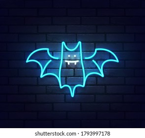 Bat neon sign. Glowing neon light signboard of candy. Sign of flying bat with colorful neon lights isolated on brick wall. Vector illustration