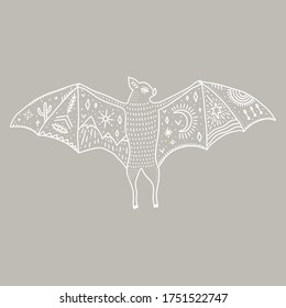 Bat and night landscape inside, double exposure. Wildlife concept. Boho tattoo art, fantasy ethnic style. Ornate animal. Vector illustration.