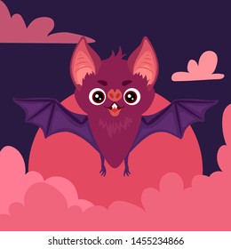 Bat in the night sky against the background of the moon and clouds. Cute cartoon character. Square vector illustration.