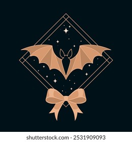 Bat, night sky with stars and bow. Halloween illustration.